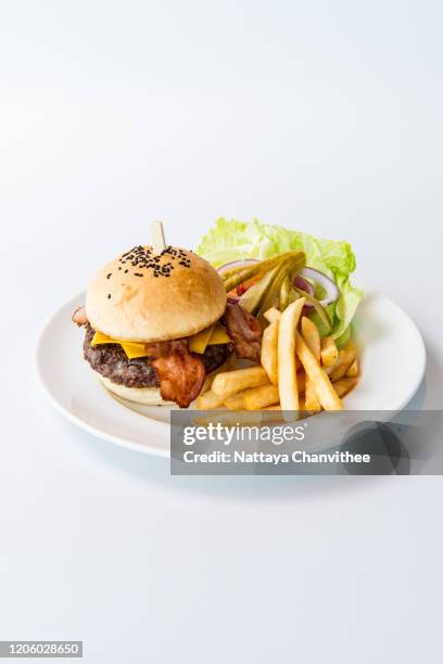 cheeseburger and french fries - stock photo - burger and fries stockfoto's en -beelden