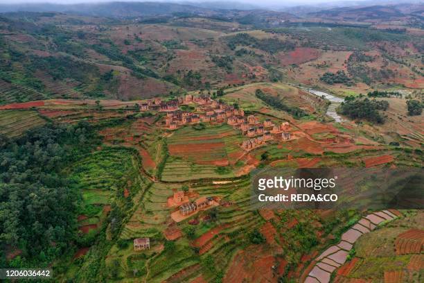 Rice fields and small villages near Ivato, Ambositra district, National Route RN7 between Ranomafana and Antsirabe, Madagascar.