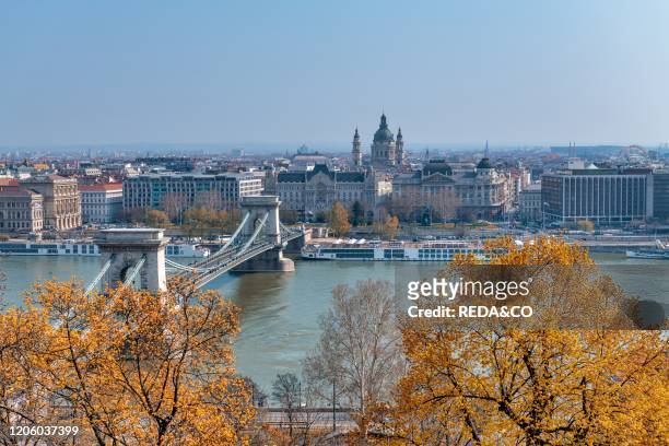 Chain Bridge and Budapest aerial skyline..