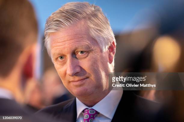King Philippe of Belgium talks with FEB staff the 125th anniversary celebration of the Federation of Enterprises FEB at the Bozar palace on February...