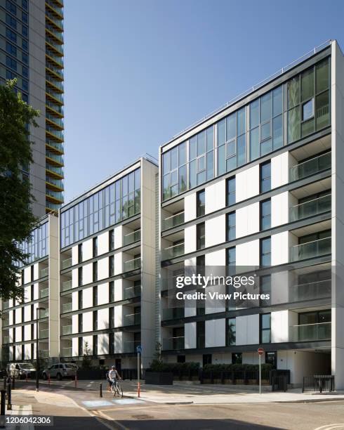 View of towers partner block. Highpoint - Newington Butts, Elephant and Castle, United Kingdom. Architect: Rogers Stirk Harbour + Partners & Axis...