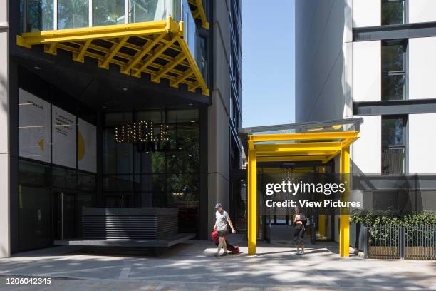 View of entrance to tower. Highpoint - Newington Butts, Elephant and Castle, United Kingdom. Architect: Rogers Stirk Harbour + Partners & Axis...