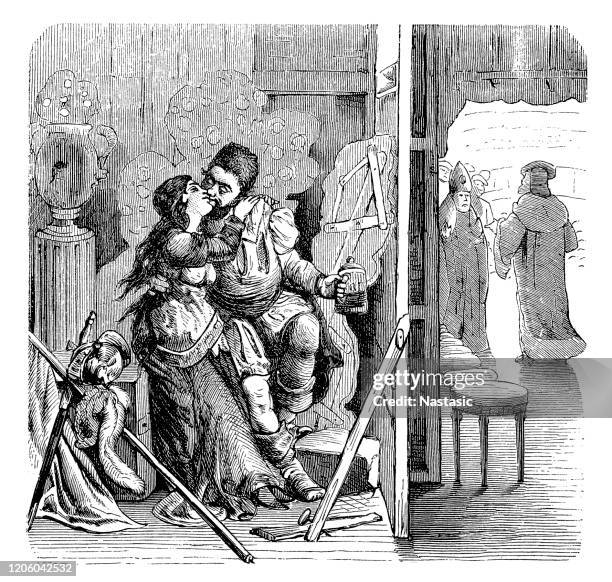 behind the scenes in theater ,actors kissing - behind the scene stock illustrations