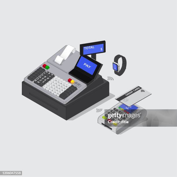 detaillierte isometrische vektor registrierkasse, kreditkarte und smart watch nfc zahlung - kassierer stock-grafiken, -clipart, -cartoons und -symbole