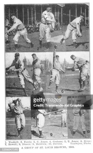 Photo collage features on-field action photos of St Louis Browns baseball players, St Louis, Missouri, 1907 . Pictured are, left to right, top to...