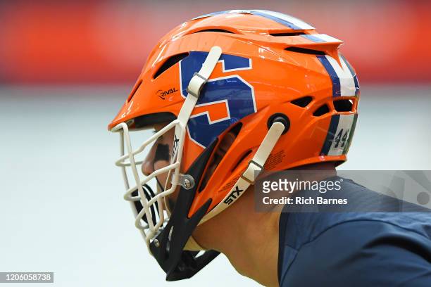 General view of a Syracuse Orange helmet prior to the game against the Colgate Raiders at the Carrier Dome on February 7, 2020 in Syracuse, New York.