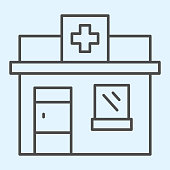 Pharmacy shop thin line icon. Private drugstore with cross on signboard. Health care vector design concept, outline style pictogram on white background, use for web and app. Eps 10.