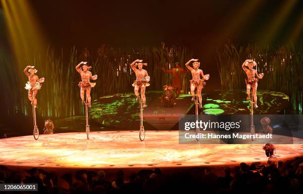 Canadian circus troop "Cirque du Soleil" performs in their acrobatic performance during the premiere of "Totem" by Cirque du Soleil at Theresienwiese...
