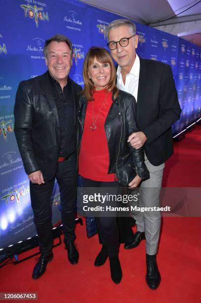 Singer Patrick Lindner, Ireen Sheer and Peter Schaefer attend the premiere of "Totem" by Cirque du Soleil at Theresienwiese on February 13, 2020 in...