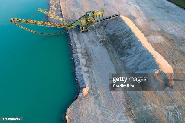 gravel mining machine, aerial view - dredger stock pictures, royalty-free photos & images