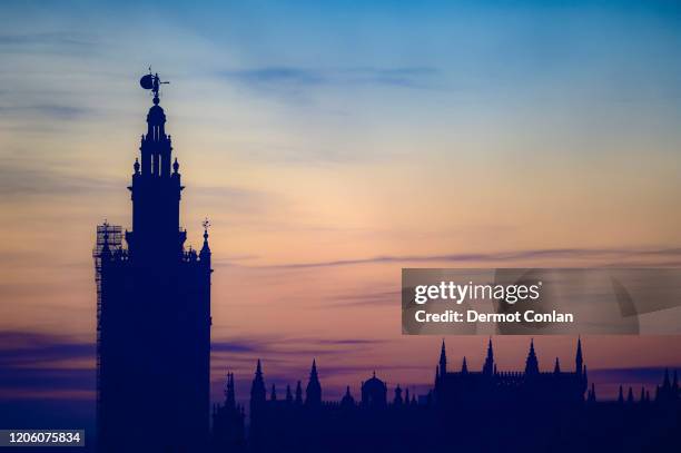 giralda bell tower at sunset in seville, spain - la giralda stock pictures, royalty-free photos & images