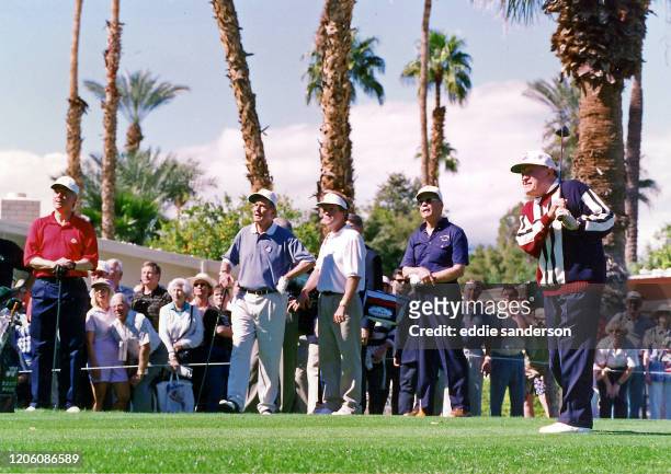 Bob Hope teeing off with US Presidents Bill Clinton, George H.W.Bush and Gerald Ford at the Bob Hope Desert Golf Classic at the Indian Wells Country...