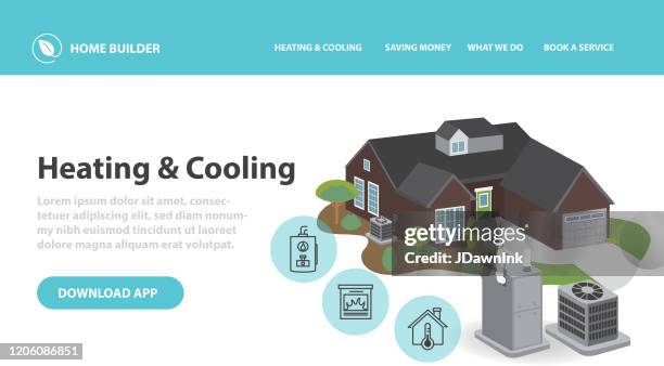 home efficiency heating and cooling infographic design template with 3d home air conditioner and furnace - gas central heating stock illustrations
