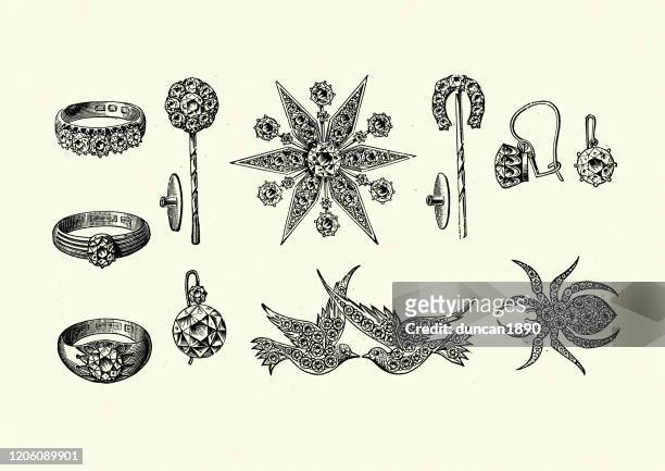 examples of victorian jewelry, rings, brooch, earring 1890s - vintage brooch stock illustrations