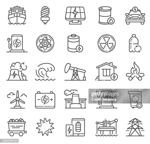 power and energy line icons with nuclear, shipping, mining and power symbols - electrical outlet fire stock illustrations