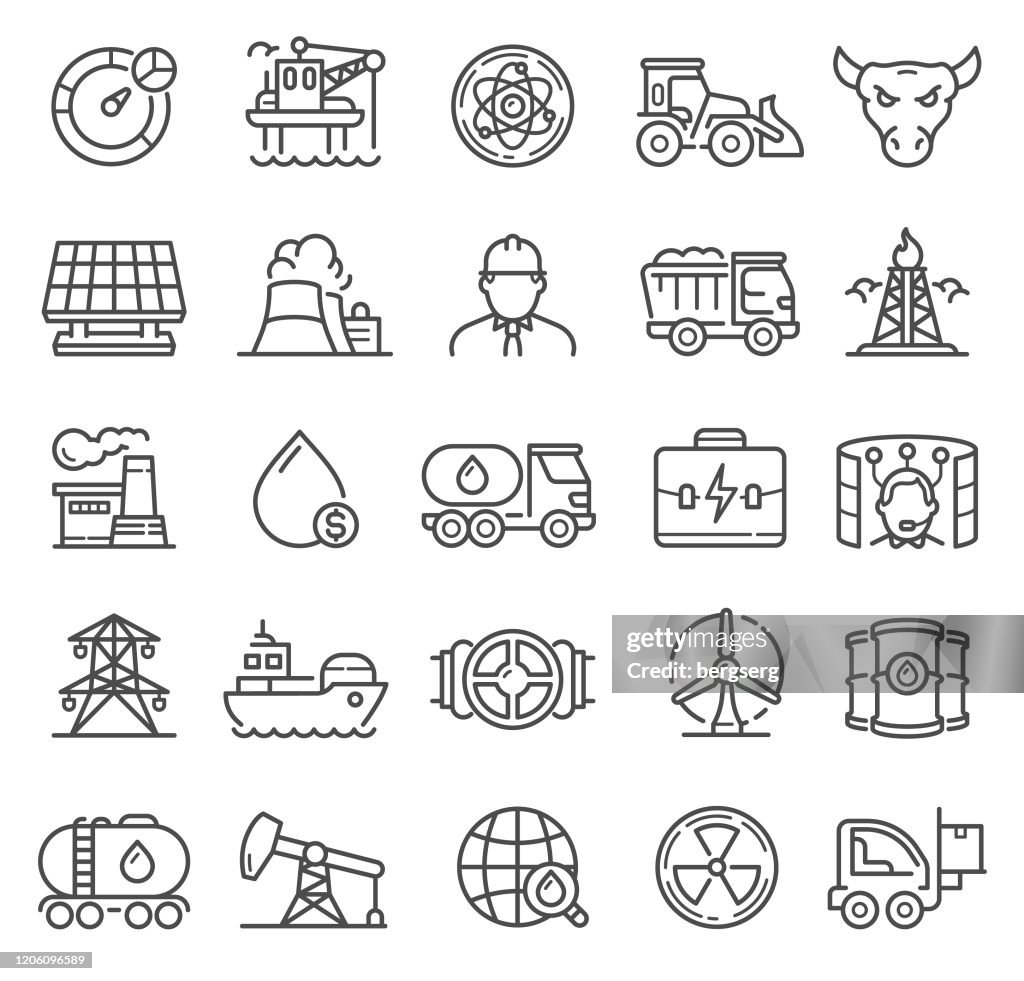 Industry Line Icons. Nuclear, transportation, sun battery and business symbols