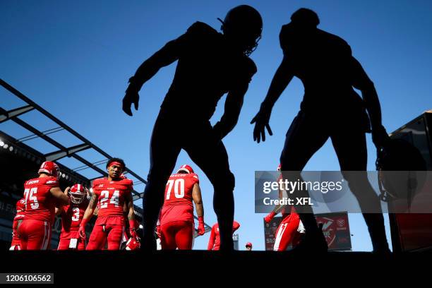 The DC Defenders warm up before the XFL game against the St. Louis BattleHawks at Audi Field on March 8, 2020 in Washington, DC.