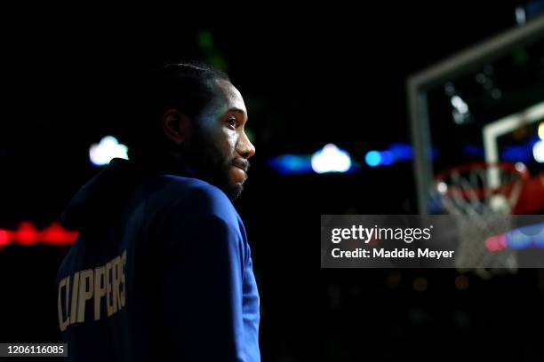 Kawhi Leonard of the LA Clippers looks on before the game against the Boston Celtics at TD Garden on February 13, 2020 in Boston, Massachusetts.