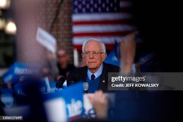 Democratic presidential hopeful Vermont Senator Bernie Sanders address supporters during a campaign rally in the Diag at the University Michigan in...