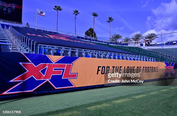 Palm trees are seen behind an XFL banner before the XFL game between the Los Angeles Wildcats and the Tampa Bay Vipers at Dignity Health Sports Park...