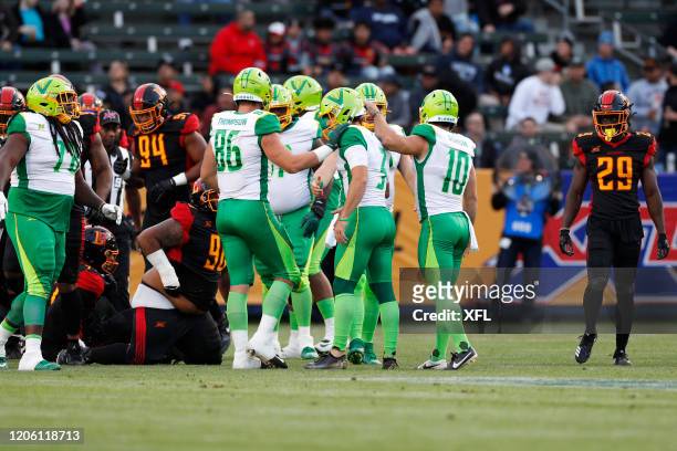 Andrew Franks of the Tampa Bay Vipers celebrates with his teammates after a field goal during the XFL game against the LA Wildcats at Dignity Health...