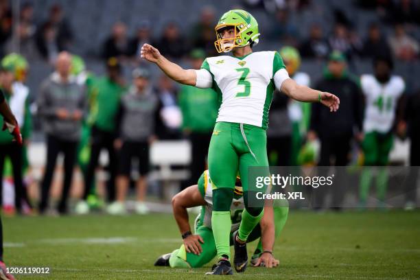 Andrew Franks of the Tampa Bay Vipers kicks a field goal during the XFL game against the LA Wildcats at Dignity Health Sports Park on March 8, 2020...