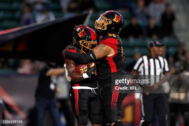 Dujuan Harris and Nico Siragusa of the LA Wildcats celebrate after a touchdown during the XFL game against the Tampa Bay Vipers at Dignity Health...