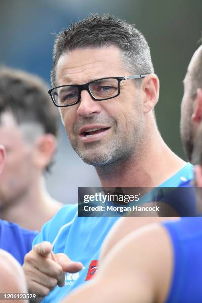 Assistant coach Jade Rawlings speaks to players during a North Melbourne Kangaroos Intra-Club match at Adern St on February 14, 2020 in Melbourne,...