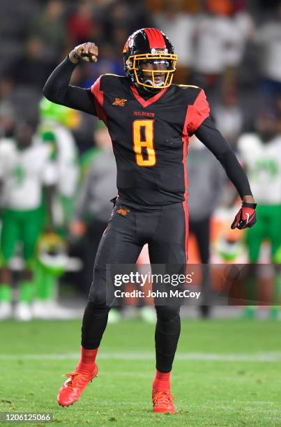 Josh Johnson of the LA Wildcats celebrates a touchdown in the first quarter against the Tampa Bay Vipers during an XFL game at Dignity Health Sports...