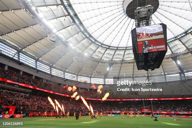 Canada and Australia take to the pitch during their semi-final match at the finals of the Canada Rugby Sevens competition at BC Place Stadium on...