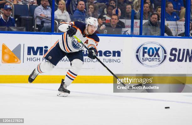 Oscar Klefbom of the Edmonton Oilers skates against the Tampa Bay Lightning at Amalie Arena on February 13, 2020 in Tampa, Florida.