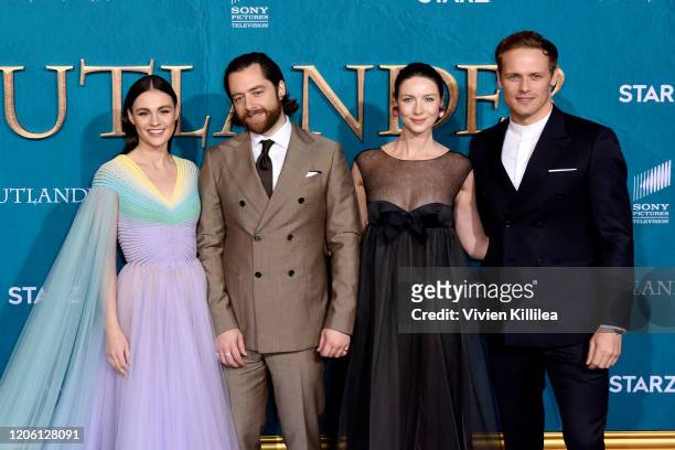 Sophie Skelton, Richard Rankin, Caitriona Balfe and Sam Heughan attend the Starz Premiere event for "Outlander" Season 5 at Hollywood Palladium on...