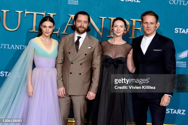 Sophie Skelton, Richard Rankin, Caitriona Balfe and Sam Heughan attend the Starz Premiere event for "Outlander" Season 5 at Hollywood Palladium on...