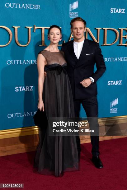 Caitriona Balfe and Sam Heughan attend the Starz Premiere event for "Outlander" Season 5 at Hollywood Palladium on February 13, 2020 in Los Angeles,...