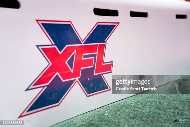 View of the XFL logo on the sidelines before the XFL game between the DC Defenders and the St. Louis Battlehawks at Audi Field on March 8, 2020 in...