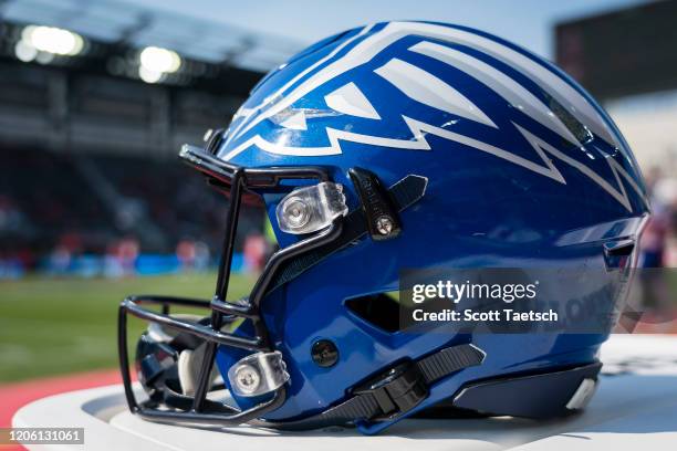 Detailed view of a St. Louis Battlehawks helmet on the sidelines during the first half of the XFL game against the DC Defenders at Audi Field on...