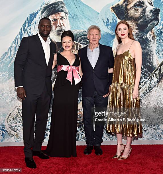 Omar Sy, Cara Gee, Harrison Ford and Karen Gillan arrive at the World Premiere of 20th Century Studios' "The Call of the Wild" at the El Capitan...