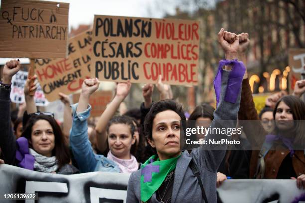 Women react and raise their fist. For the International Day for women's rights, several thousands of protesters demonstrated in Toulouse. They want...