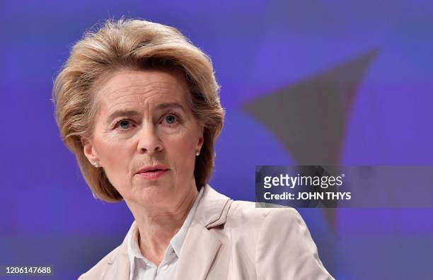 European Commission President Ursula von der Leyen delivers a speech at the EU headquarters in Brussels on March 9, 2020.