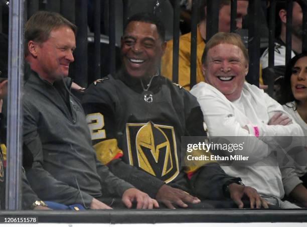 Las Vegas Raiders head coach Jon Gruden, Pro Football Hall of Fame member and former Raider Marcus Allen and Raiders owner and managing general...