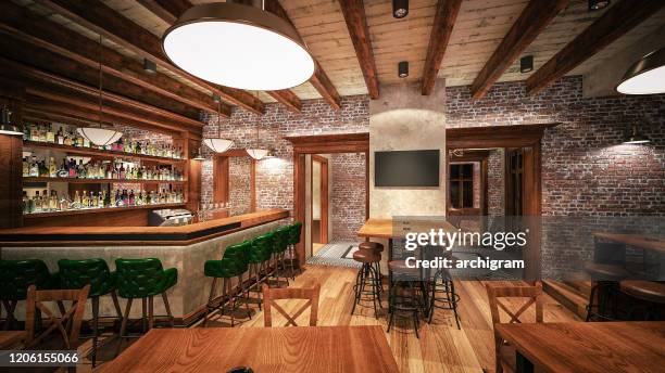 cafe/restaurant/pub. interior design. computer generated image. architectural visualization. 3d rendering. - rustic wall stock pictures, royalty-free photos & images