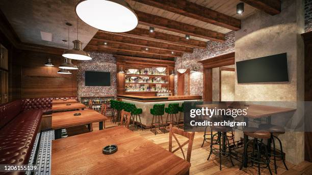 cafe/restaurant/pub. interior design. computer generated image. architectural visualization. 3d rendering. - rustic restaurant interior stock pictures, royalty-free photos & images