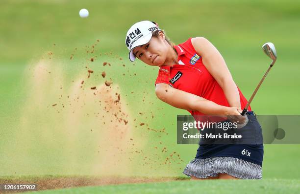 Jeongeun Lee6 of Korea hits out of a bunker on the 15th during day two of the 2020 ISPS HANDA Women's Australian Open at Royal Adelaide Golf Club on...