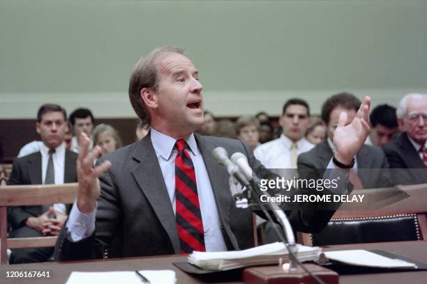 Senator Joseph Biden, D-Del., speaks on July 13, 1989 before a House of Representatives panel about flag burning. Biden, chairman of the Senate...
