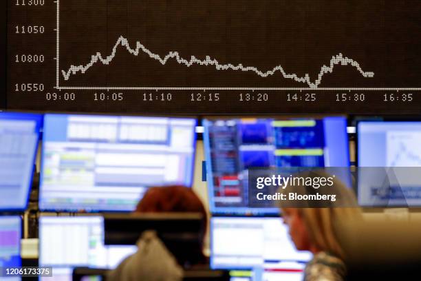 Traders monitor financial data near the DAX Index curve inside the Frankfurt Stock Exchange, operated by Deutsche Boerse AG, in Frankfurt, Germany,...