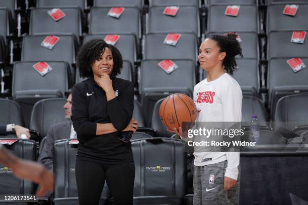 Assistant Coach for Player Development Lindsey Harding of the Sacramento Kings and Assistant coach Kristi Toliver of the Washington Wizards talk on...