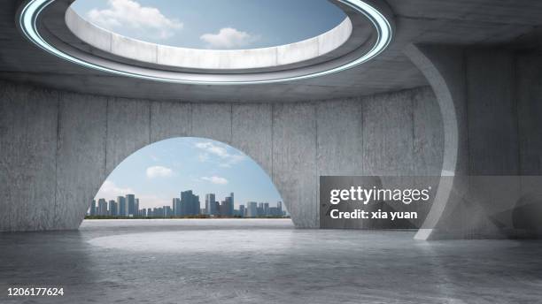 empty abstract concrete space with city skyline - background concrete indoor stock pictures, royalty-free photos & images