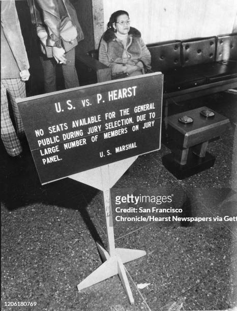 Lobby sign at the courthouse while choosing jurors for Patty Hearst's trial,