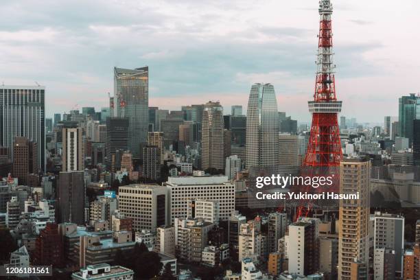 tokyo skyline at night - barrio de minato fotografías e imágenes de stock