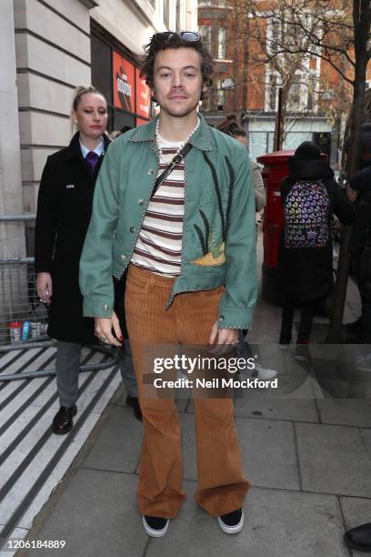 Harry Styles leaving BBC Radio 2 on February 14, 2020 in London, England.